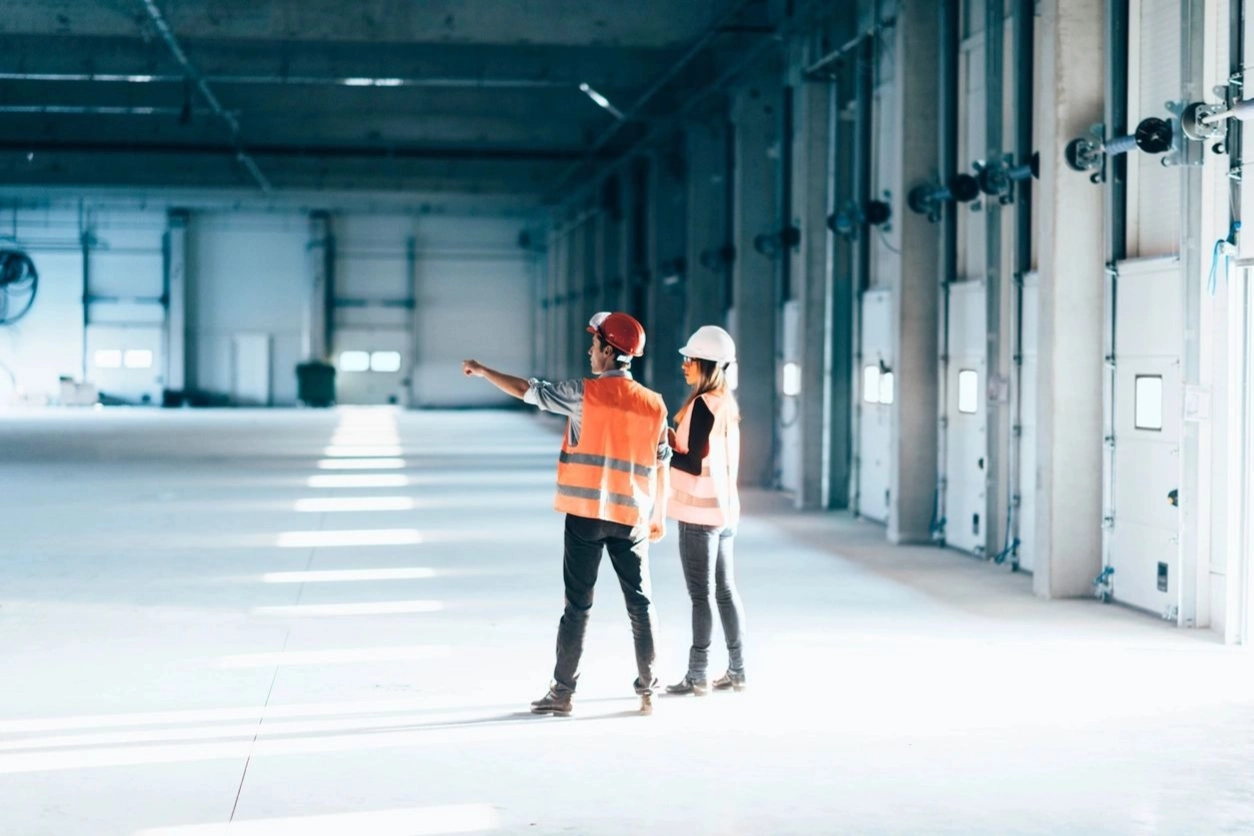 Two people in a warehouse with one pointing at something.